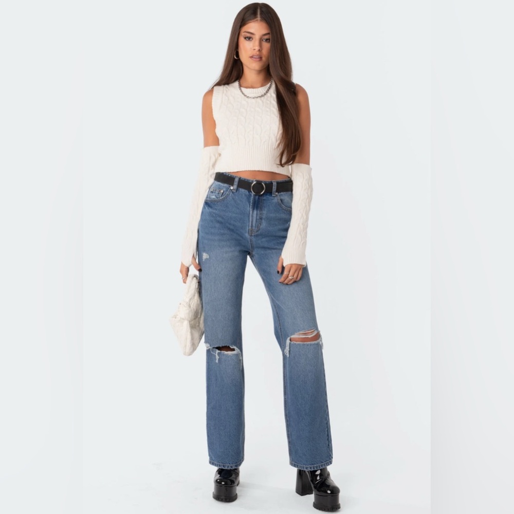 Classic Blue Straight Leg Jeans with Distressed Knees
